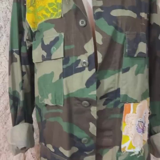 Upcycled Patchwork Camo Jacket, Boho Peace Sign Military Coat, Wearable Art (M/L)
