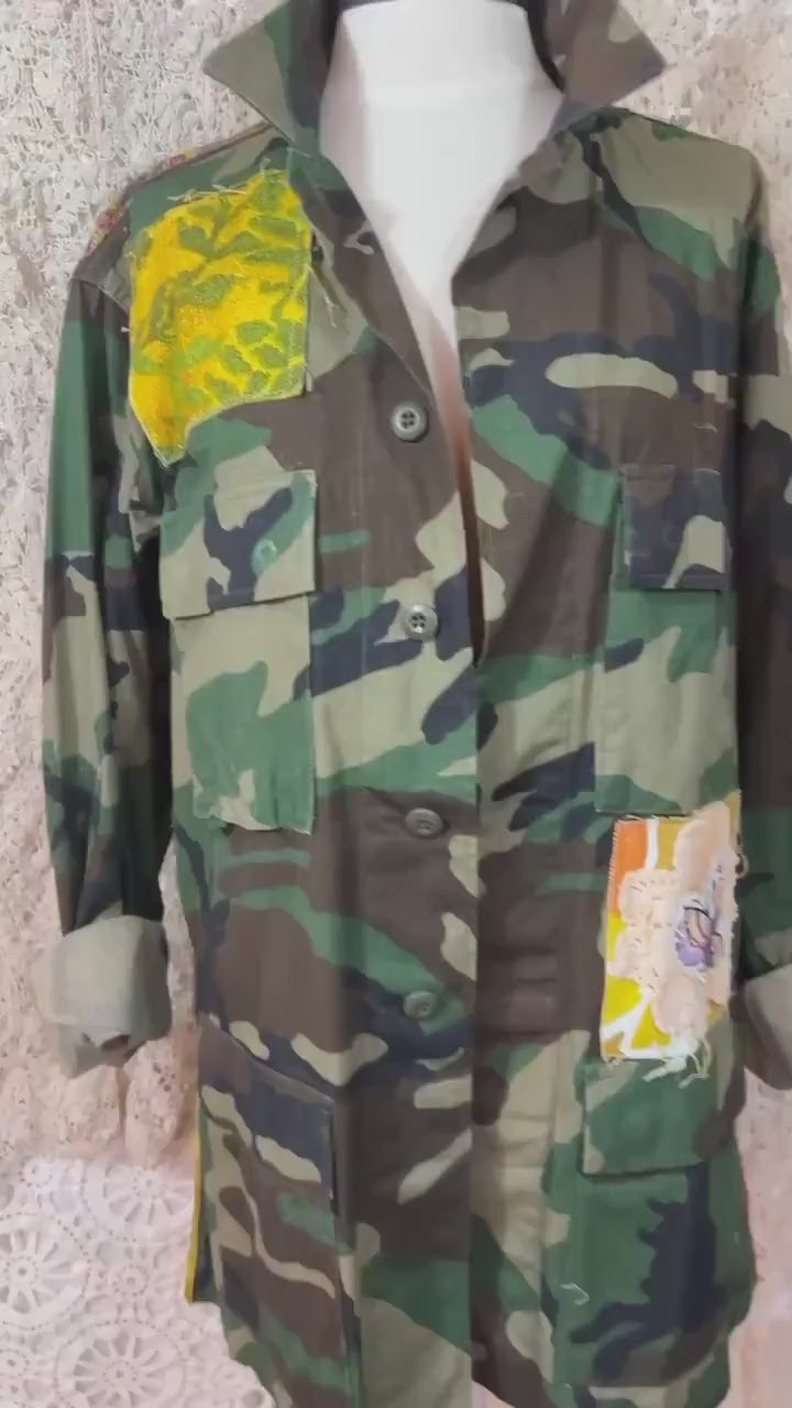 Upcycled Patchwork Camo Jacket, Boho Peace Sign Military Coat, Wearable Art (M/L)