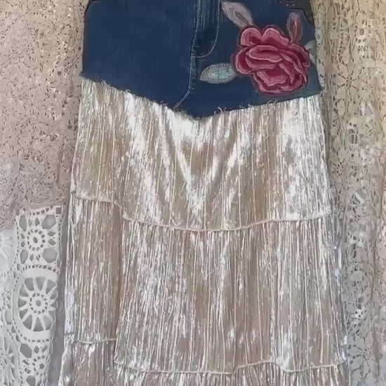 Upcycled Denim Velvet Tiered Skirt, Peony Embroidery, Studded Boho Sequin Detail, Size 10