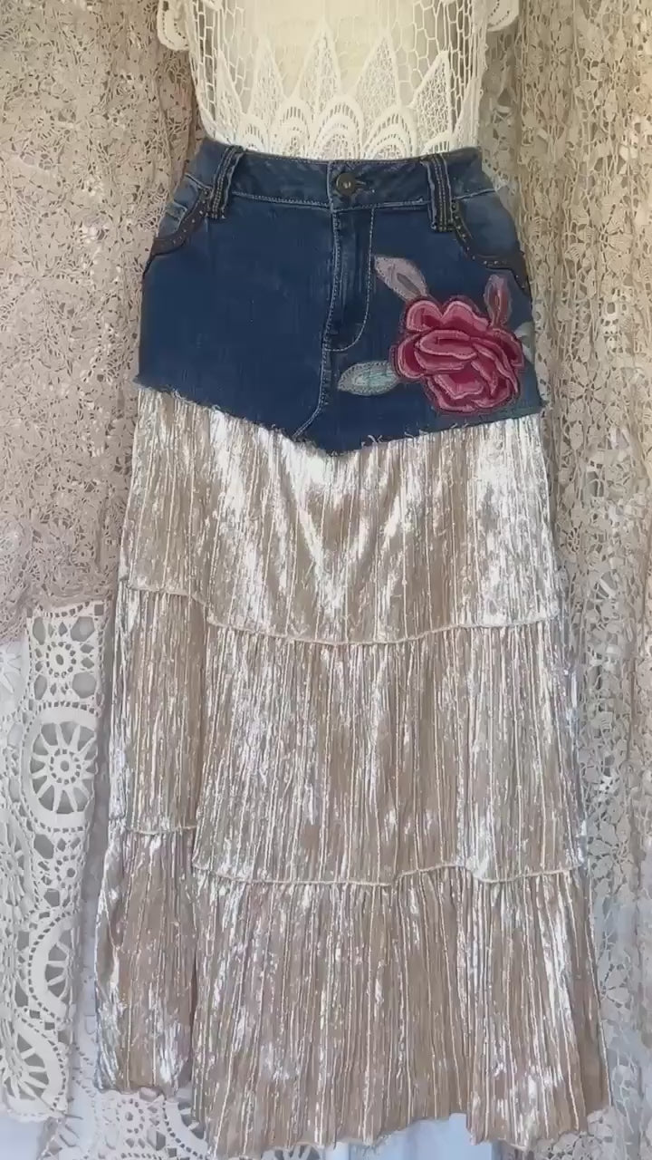 Upcycled Denim Velvet Tiered Skirt, Peony Embroidery, Studded Boho Sequin Detail, Size 10