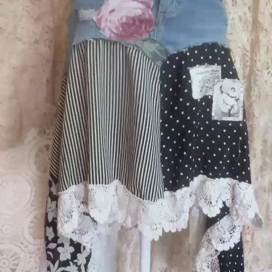 Black and White Scrappy Patchwork Skirt, Rose Applique, One-of-a-Kind, Boho, Hi Low Skirt, Made to Order Size 4 to Plus