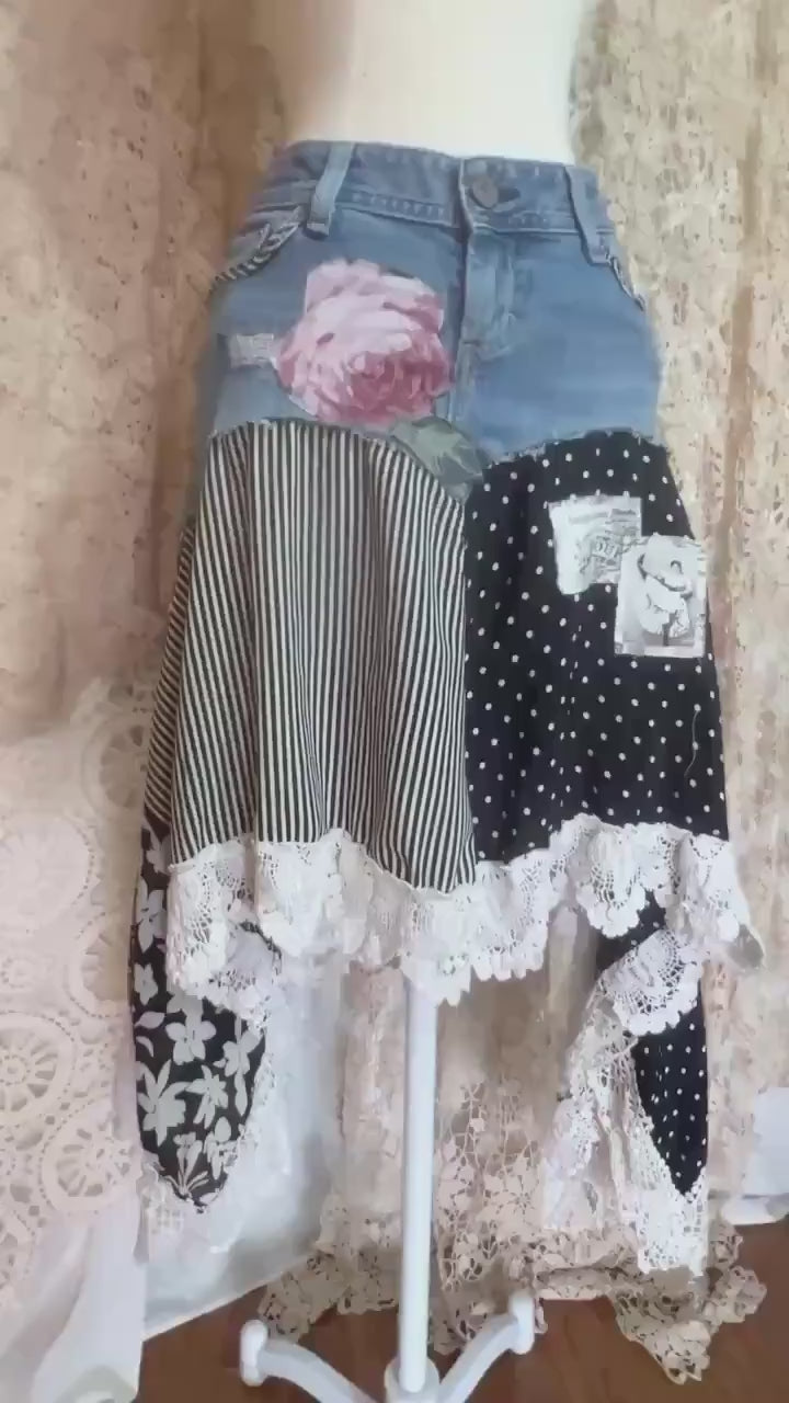 Black and White Scrappy Patchwork Skirt, Rose Applique, One-of-a-Kind, Boho, Hi Low Skirt, Made to Order Size 4 to Plus
