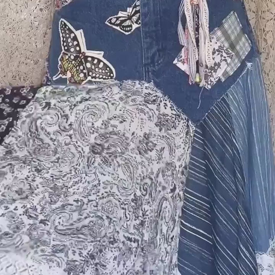 Blue Scrappy Patchwork Skirt, Shades of Blues, One-of-a-Kind Boho Hi Low Maxi Skirt, Custom Made to Order