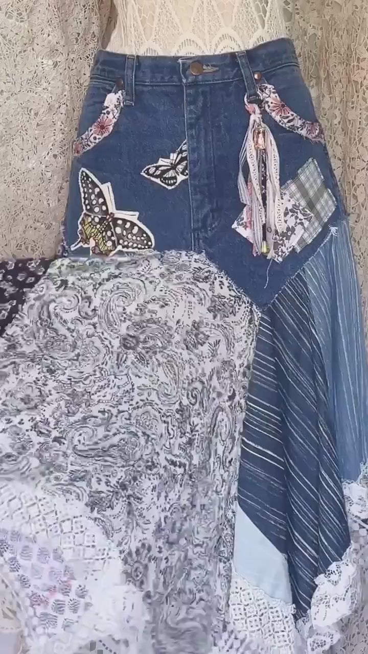 Blue Scrappy Patchwork Skirt, Shades of Blues, One-of-a-Kind Boho Hi Low Maxi Skirt, Custom Made to Order