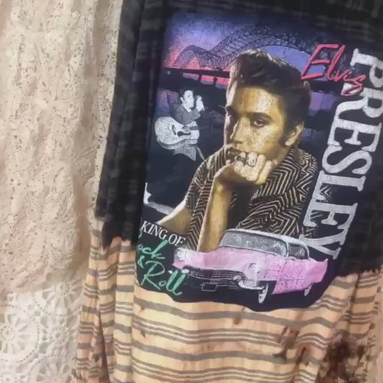 Upcycled Bleached Elvis Presley Flannel Shirt – Distressed Black Plaid Rock Graphic Applique