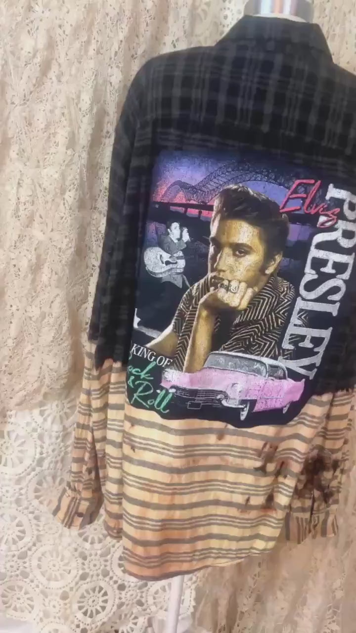 Upcycled Bleached Elvis Presley Flannel Shirt – Distressed Black Plaid Rock Graphic Applique