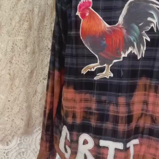 Custom Bleached Rooster Flannel Shirt – GRIT Patchwork, Farmhouse Boho Style XL Tall