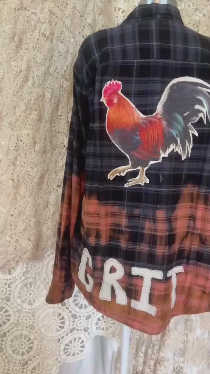 Custom Bleached Rooster Flannel Shirt – GRIT Patchwork, Farmhouse Boho Style XL Tall