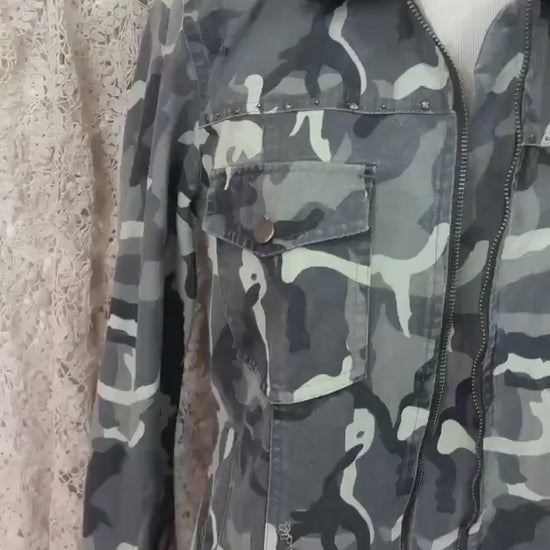 Upcycled Camo Jacket, Quilted American Flag Appliqué, Boho Military Style, Stars & Stories