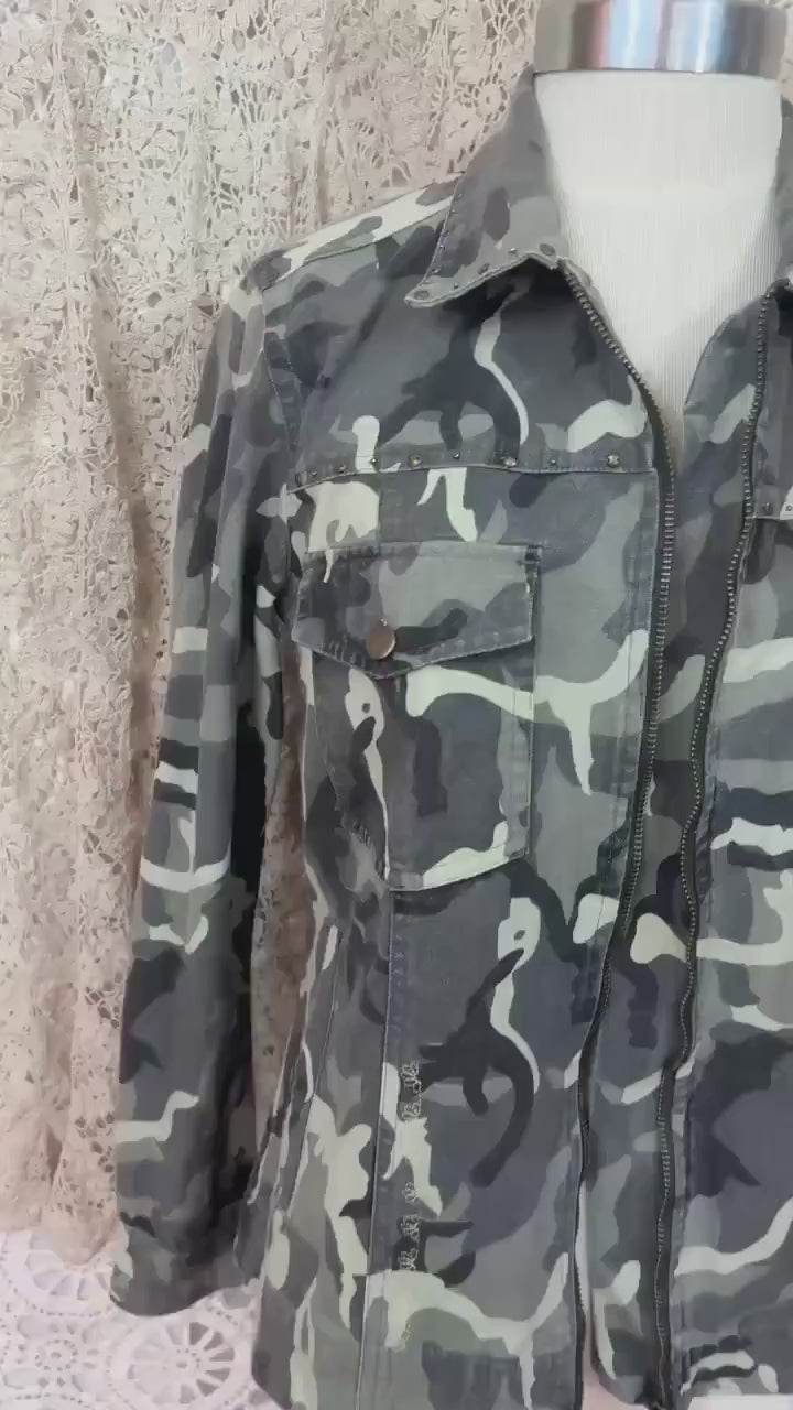 Upcycled Camo Jacket, Quilted American Flag Appliqué, Boho Military Style, Stars & Stories