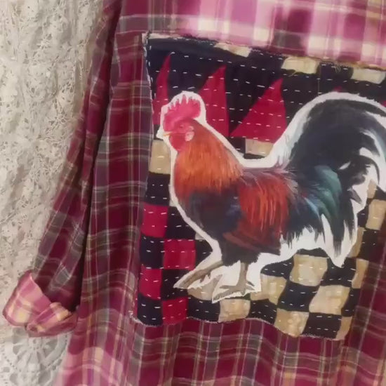 Upcycled Rooster Plaid Shirt – Bleached Boho Farmhouse Top (3XL)