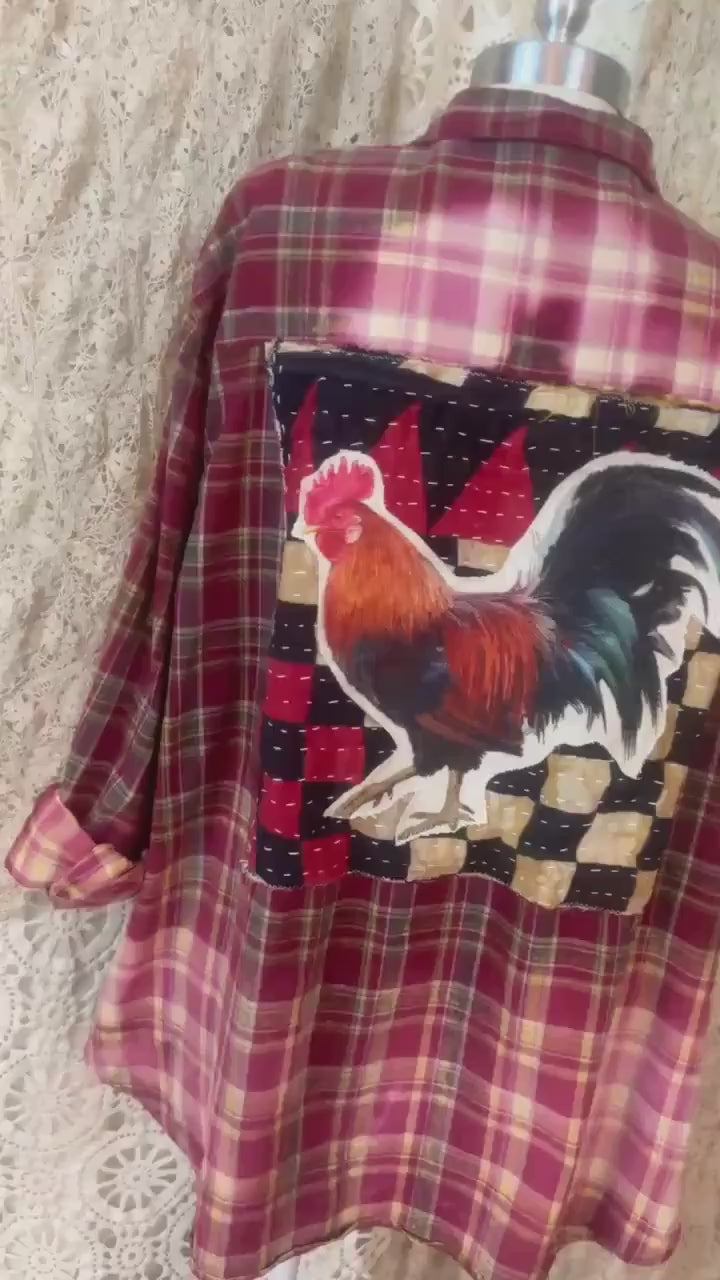 Upcycled Rooster Plaid Shirt – Bleached Boho Farmhouse Top (3XL)