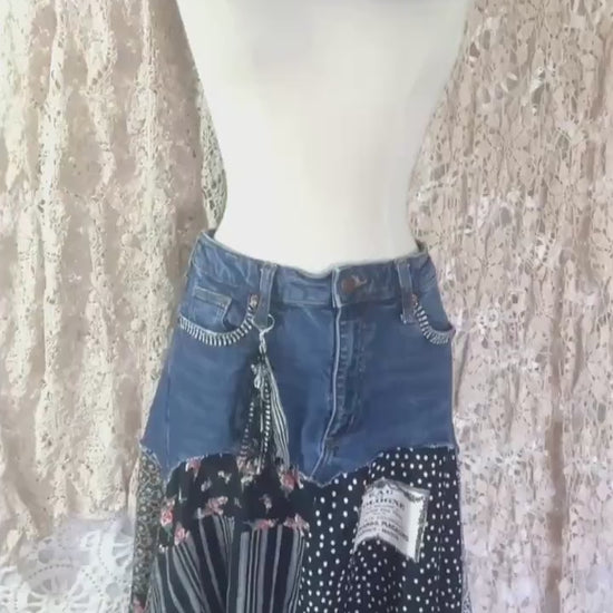 Black and Floral Scrappy Patchwork Skirt, One-of-a-Kind, Boho, Hi Low Skirt, Made to Order, Size 0 to Plus