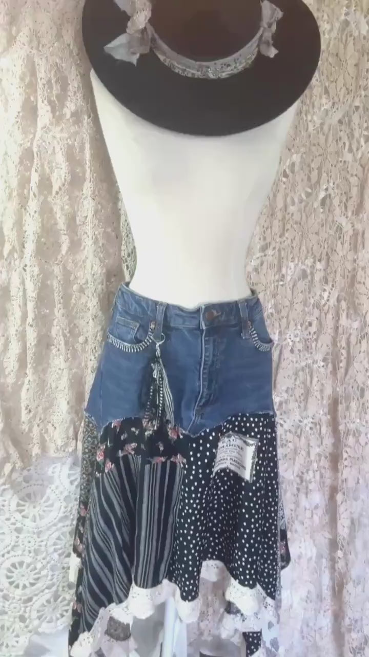 Black and Floral Scrappy Patchwork Skirt, One-of-a-Kind, Boho, Hi Low Skirt, Made to Order, Size 0 to Plus