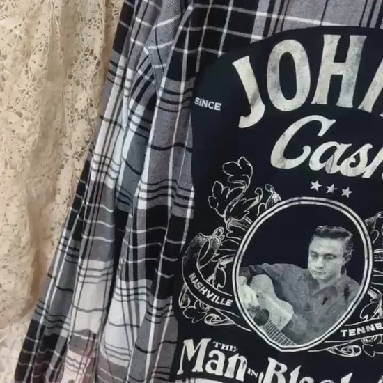 Johnny Cash Man in Black Flannel Shirt – Bleached Plaid Upcycled Top (Men's XL)