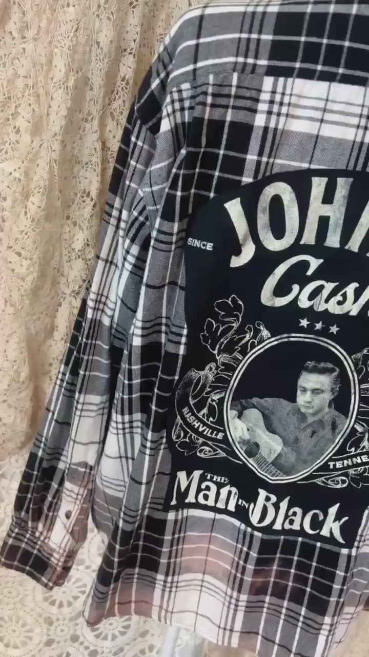 Johnny Cash Man in Black Flannel Shirt – Bleached Plaid Upcycled Top (Men's XL)