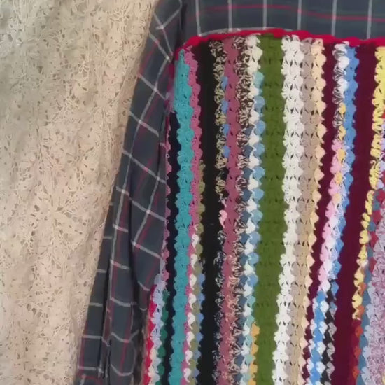 Upcycled Plaid Flannel Shirt – Rainbow Crochet Back Patchwork, Flower Detail (Men's XL)