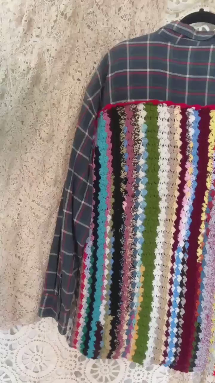 Upcycled Plaid Flannel Shirt – Rainbow Crochet Back Patchwork, Flower Detail (Men's XL)