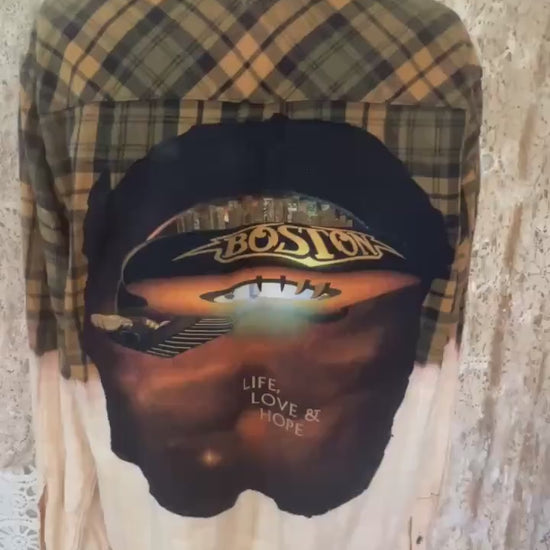 Bleached Yellow Plaid Flannel Shirt – Boston Band Graphic Applique, Men's Small Upcycled Grunge