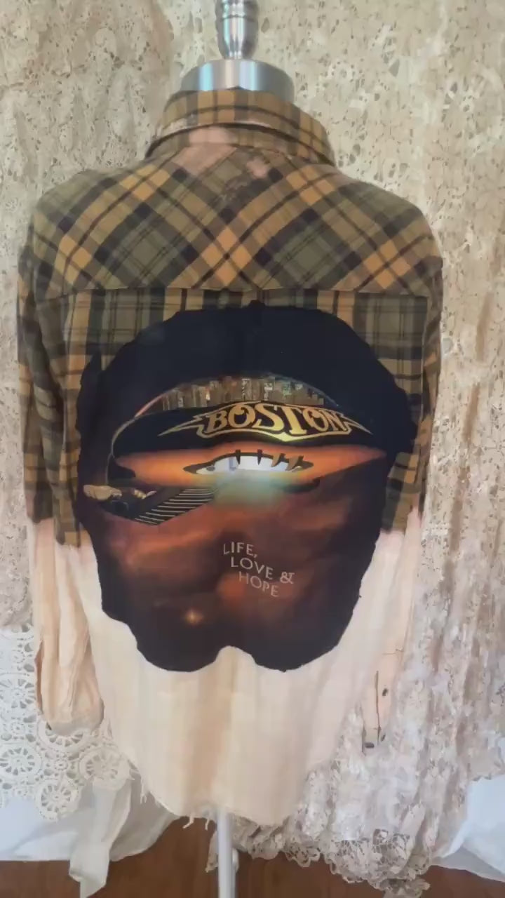 Bleached Yellow Plaid Flannel Shirt – Boston Band Graphic Applique, Men's Small Upcycled Grunge