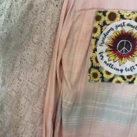Upcycled Janis Joplin Sunflower Peace Sign Flannel Shirt – Boho Hippie Plaid Top (M)