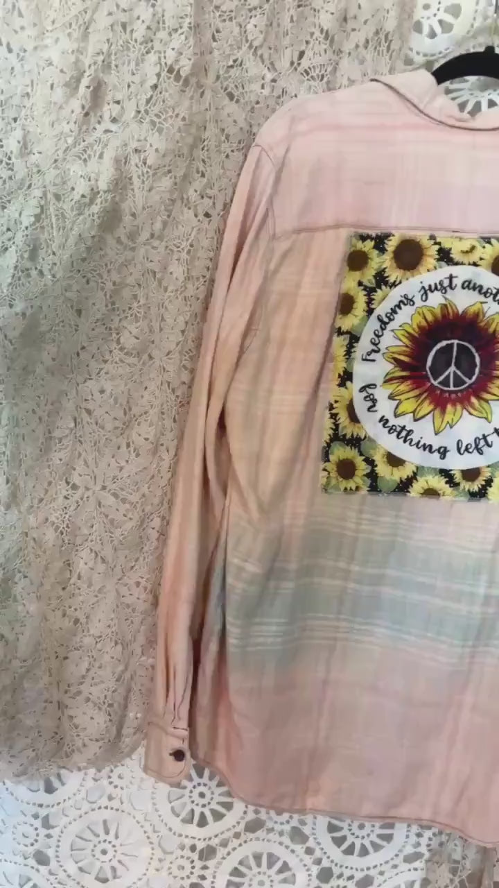 Upcycled Janis Joplin Sunflower Peace Sign Flannel Shirt – Boho Hippie Plaid Top (M)