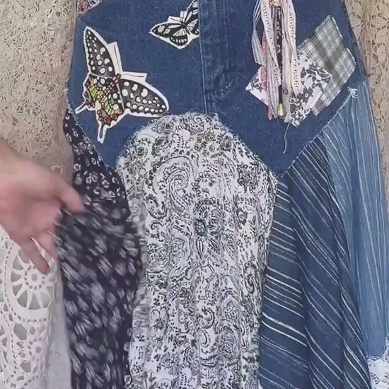 Upcycled Denim Patchwork Butterfly Hanky Skirt, Boho Lace Trim, Size 9