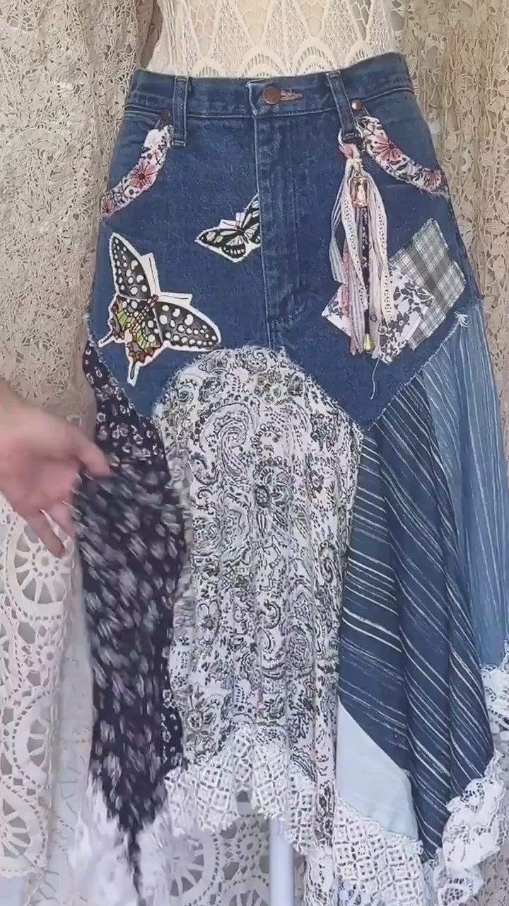 Upcycled Denim Patchwork Butterfly Hanky Skirt, Boho Lace Trim, Size 9