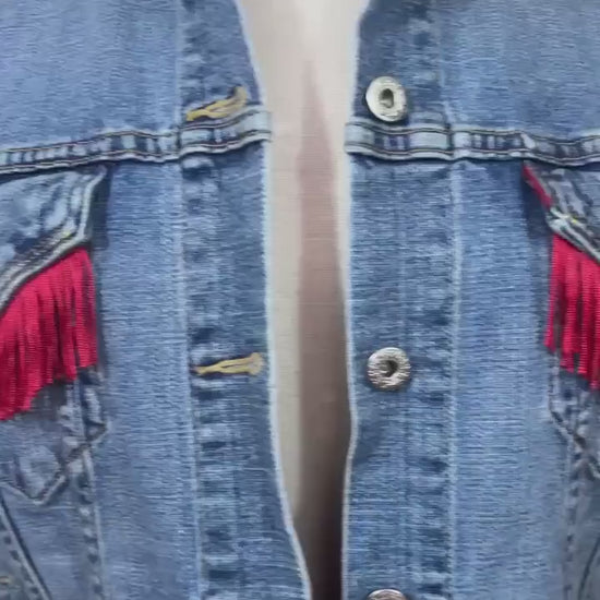 Butterfly Fringe Denim Jacket L, Upcycled Boho Western Jean Jacket