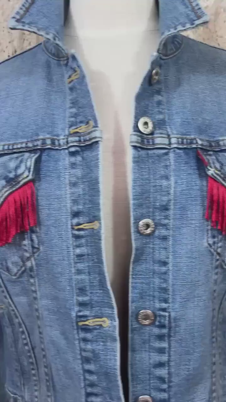 Butterfly Fringe Denim Jacket L, Upcycled Boho Western Jean Jacket