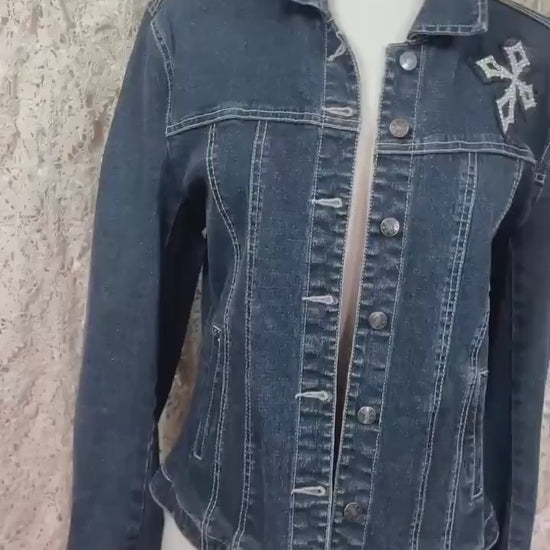 Upcycled Cross Denim Jacket Medium – Patchwork Velvet Cross, Boho Western