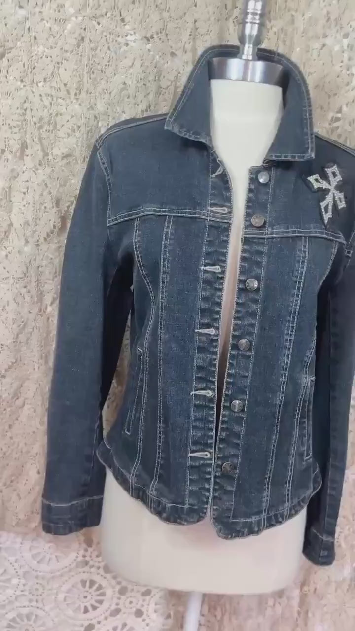 Upcycled Cross Denim Jacket Medium – Patchwork Velvet Cross, Boho Western