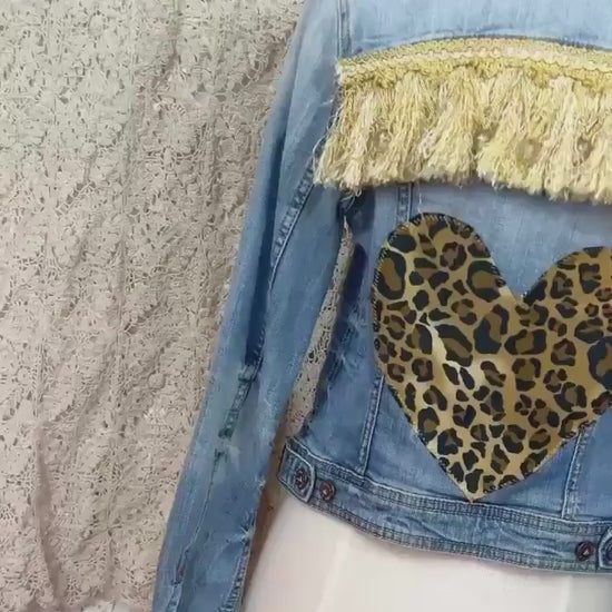 Upcycled Leopard Heart Jacket, Gold Fringe, Boho Festival Style, Size 6