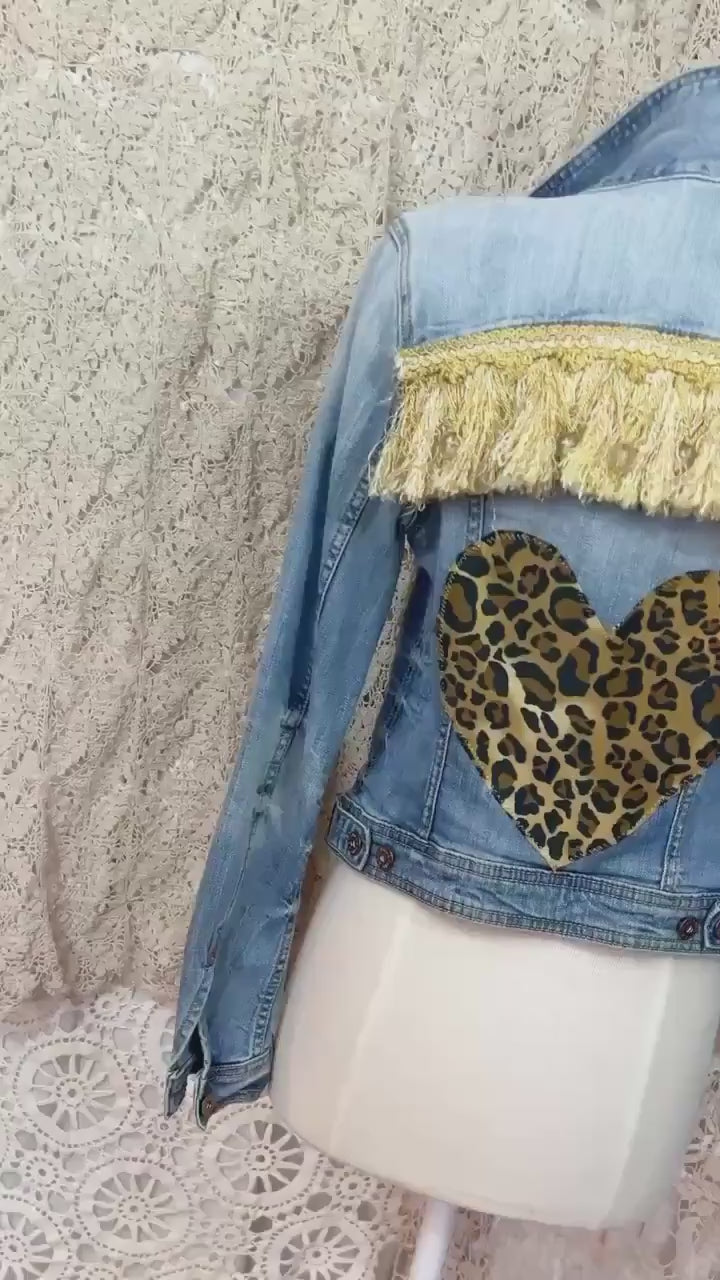 Upcycled Leopard Heart Jacket, Gold Fringe, Boho Festival Style, Size 6