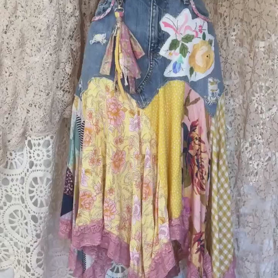 Yellow Scrappy Patchwork Skirt, Yellow and Pink, One-of-a-Kind Boho Hi Low Maxi Skirt, Custom Made to Order, Size Inclusive 4 to Plus