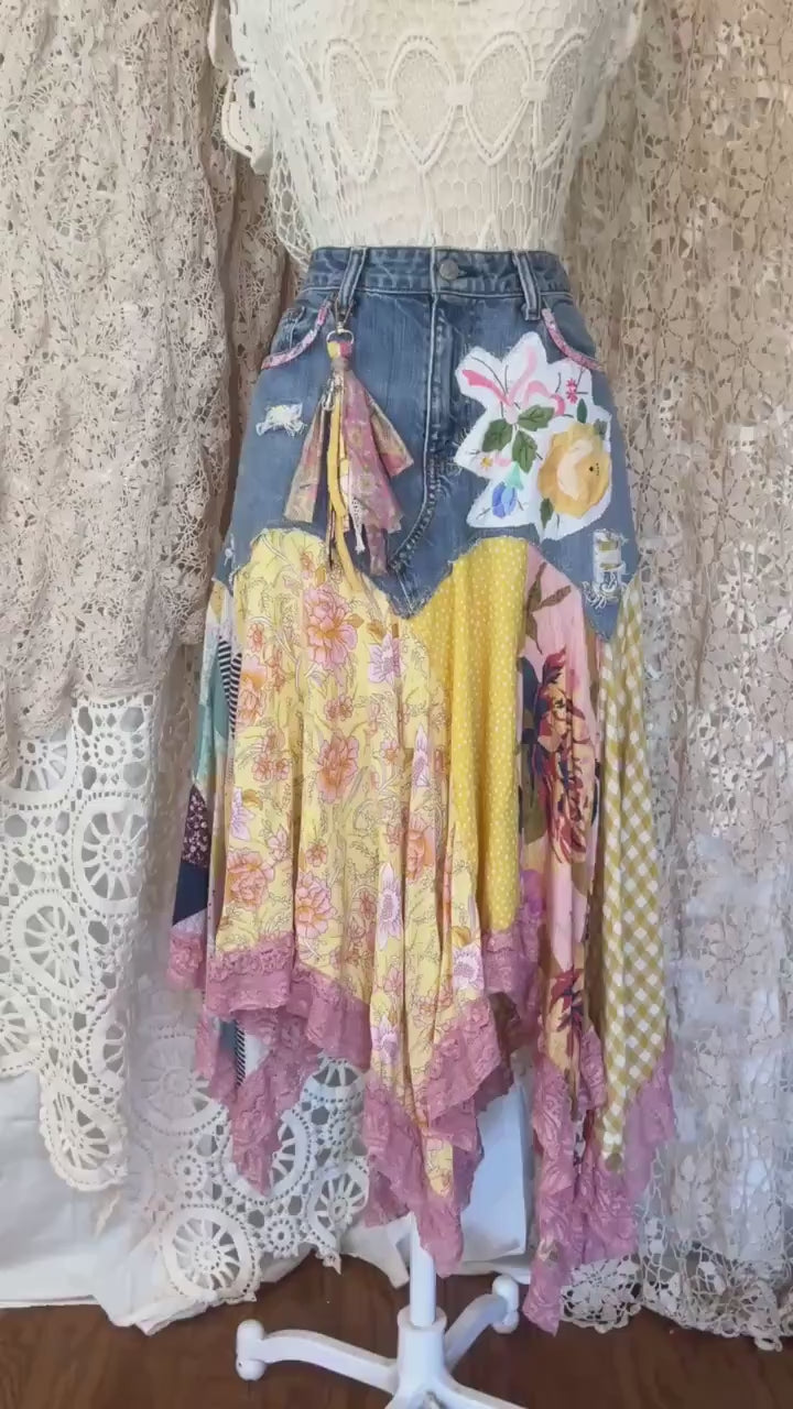 Yellow Scrappy Patchwork Skirt, Yellow and Pink, One-of-a-Kind Boho Hi Low Maxi Skirt, Custom Made to Order, Size Inclusive 4 to Plus