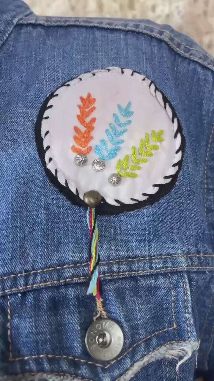 Fringe Headdress Denim Jacket Medium Petite, Upcycled Boho Western Jean Jacket
