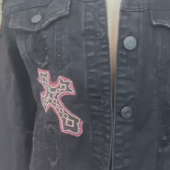 Cropped Black Denim Jacket, Crystal Cross Embellished, Upcycled Boho Style