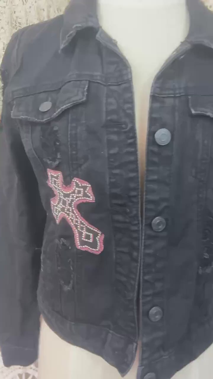 Cropped Black Denim Jacket, Crystal Cross Embellished, Upcycled Boho Style
