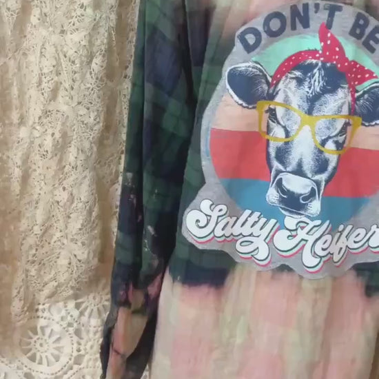 Upcycled Bleached Flannel Shirt – Cow Graphic Boho Western Top (Men's L)