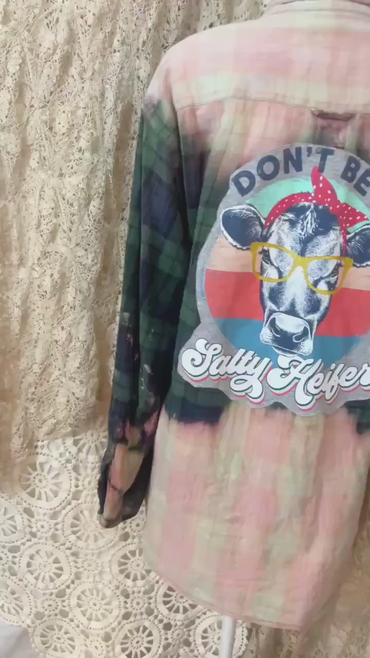 Upcycled Bleached Flannel Shirt – Cow Graphic Boho Western Top (Men's L)
