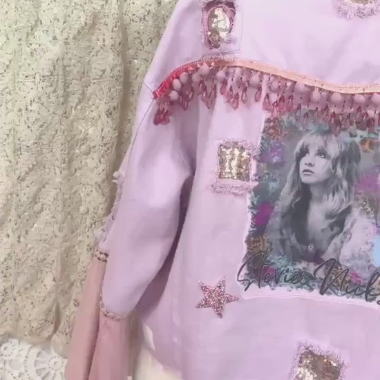 Stevie Nicks Inspired Pink Denim Jacket XL | Upcycled Boho Glam Belle Sleeve Jacket