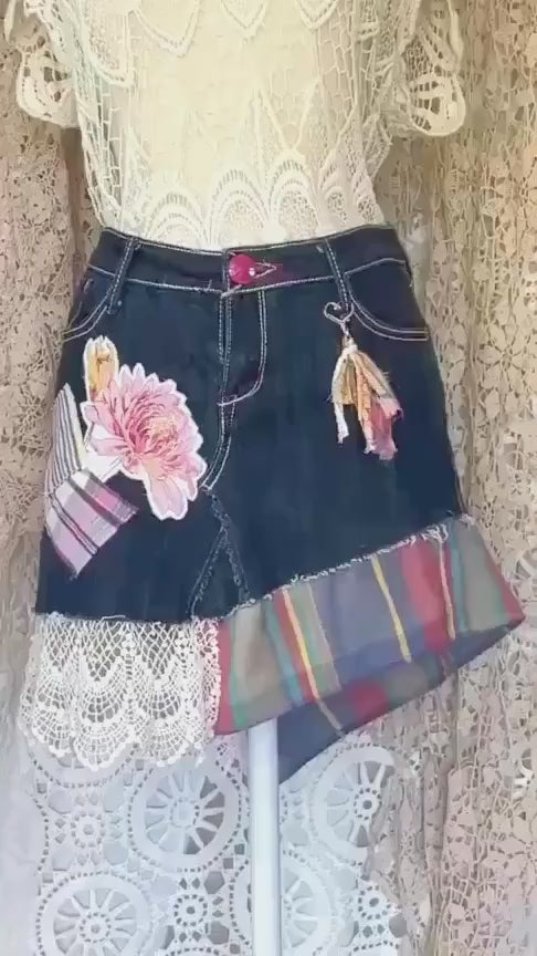 Upcycled Denim Mini Skirt, Boho Patchwork Plaid Floral Lace, Size 7 Jean Skirt