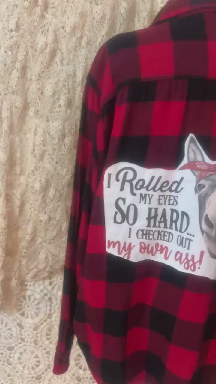 Upcycled Red Buffalo Plaid Flannel Shirt – Donkey Graphic Applique (Men's XL)