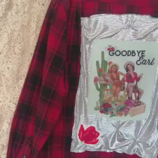 Red Plaid Flannel Shirt – Men's Large, Silver Accents, "Goodbye Earl" Graphic, Boho Western Top