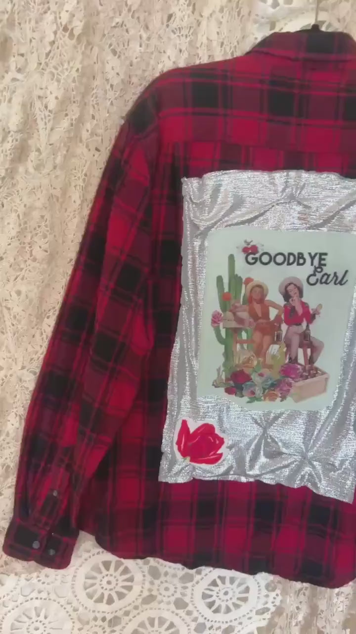 Red Plaid Flannel Shirt – Men's Large, Silver Accents, "Goodbye Earl" Graphic, Boho Western Top