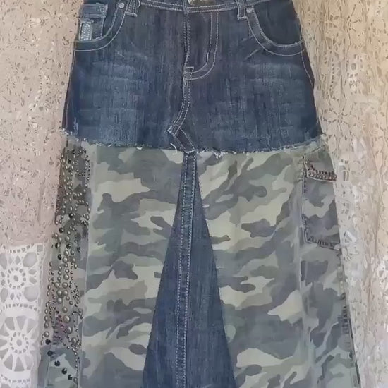 Upcycled Denim Camo Skirt, Embellished Rhinestone Stud Detail, Size 9