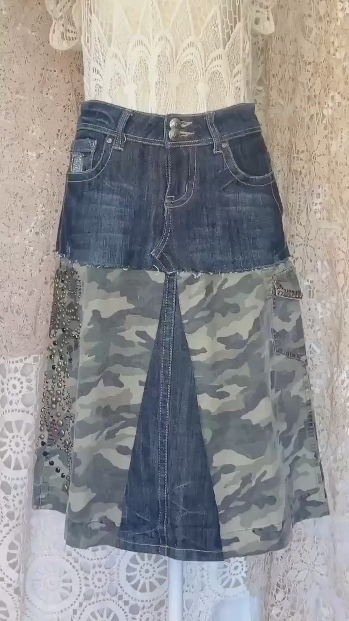 Upcycled Denim Camo Skirt, Embellished Rhinestone Stud Detail, Size 9