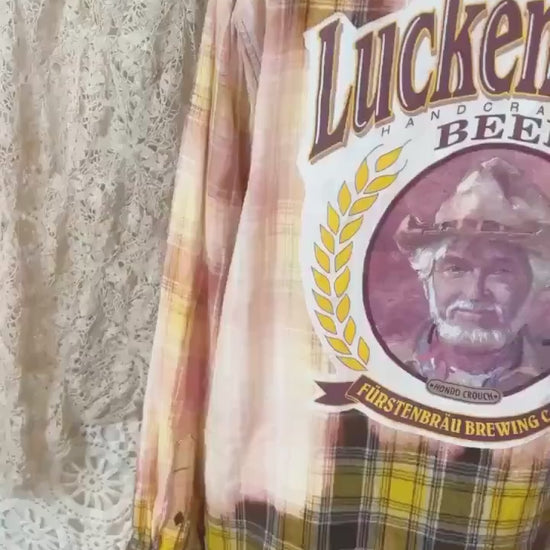 Upcycled Bleached Plaid Flannel Shirt – Luckenbach Beer Graphic, Men's XL