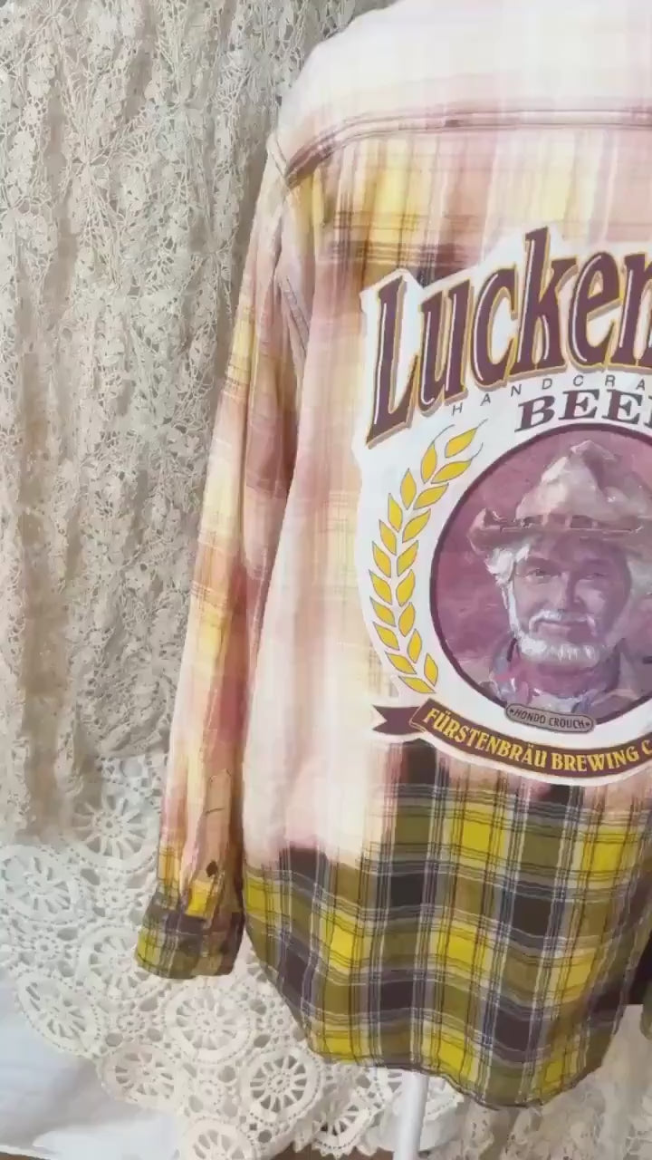 Upcycled Bleached Plaid Flannel Shirt – Luckenbach Beer Graphic, Men's XL